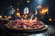 A whipped cream pizza at a single farewell party in a nightclub., generative IA