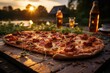 A gelatin pizza at a summer party with river barbecue., generative IA