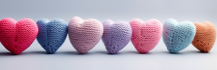 colorful knitted hearts with colored background for valentine's day, babyshower, presentation