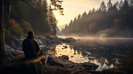 Wall Mural - Man fishing in a foggy lake