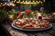 A fruit pie pizza at a garden party with paper lanterns., generative IA