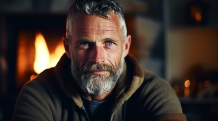 Wall Mural - Handsome man posing in front of fireplace