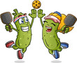 A cute pickle cartoon couple out on a date night to the pickleball courts leaping in the air and giving a big enthusiastic high five to celebrate a team victory on the court