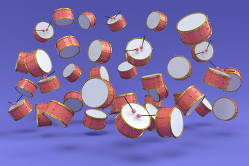 Wall Mural - Many of flying drums or drumset on violet background