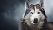 Intense Blue-Eyed Siberian Husky Portrait Against Stormy Sky