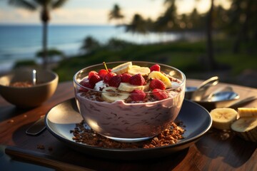 Acai bowl on a balcony overlooking the sea with high coconut trees in sight., generative IA