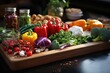 Cutting board with colorful vegetables on a clean kitchen countertop., generative IA