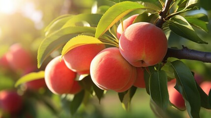 Wall Mural - Peach Tree Branch in Closeup View, Perfectly Ripe for Picking, Surrounded by a Beautiful Garden Background