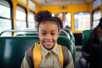 Wall Mural - Portrait of happy little girl on school bus