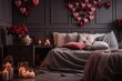 Interior of modern bedroom decorated for valentines day