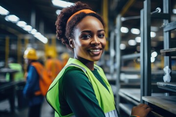 Wall Mural - Portrait of a young smiling woman working in factory