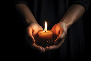 Wall Mural - Burning candle in female hands 