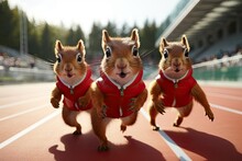 Three Red Squirrels In Sportswear Running At Racing Speed On A Sports Track At A Stadium.
