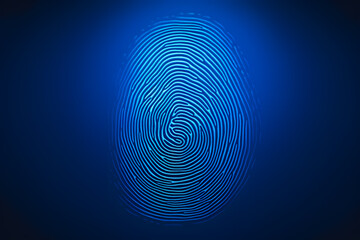 Fototapete - Security access, cyber technology. Fingerprint scan on deep blue background