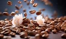 Closeup Shot Of Fresh Coffee Beans On Blurry Spring Background. Falling Beans, Pink Sakura Petals, Almond Flowers. Banner For Cafe. Copy Space 