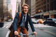 © Baba Images - Young businessman riding a bicycle in the city street