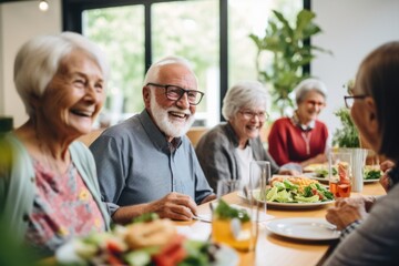 Wall Mural - Group of Happy Senior Friends Enjoying Meal Together