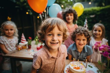 Small diverse children celebrating birthday in home backyard