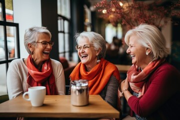 Wall Mural - Happy senior women drinking coffee in cafe