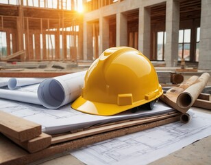 Construction house. Repair work. Drawings for building and yellow helmet on on the background of a construction site.