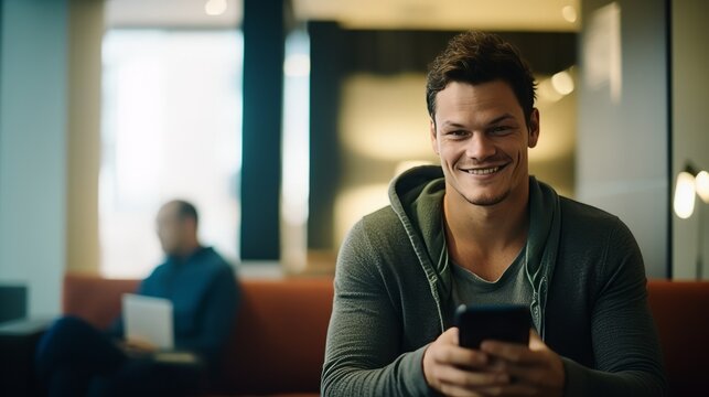 Young man sitting in cafe with phone in hand