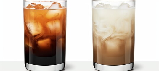 Black ice coffee and ice latte coffee with milk set in tall glass isolated on white background