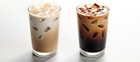 Set of black iced coffee and iced latte coffee with milk in tall glass isolated on white background