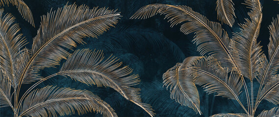 Wall Mural - dark abstract art background with golden palm leaves hand drawn in line style. botanical banner for 