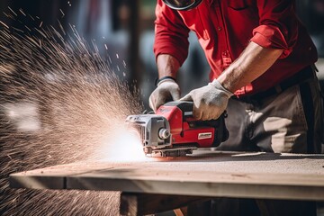 Professional handyman working on home improvement project, skillfully drilling wood with precision