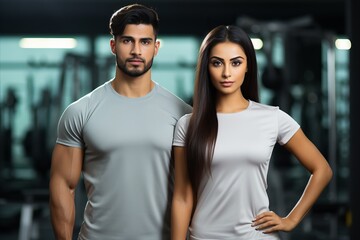 Wall Mural - Fit and energetic couple flexing muscles in gym with bright colors on blurred background