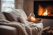 Cozy winter aesthetics, soft blankets, warm lights, creating an inviting and snug atmosphere