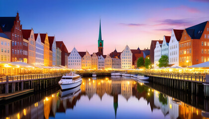 Wall Mural - oil painting on canvas, Scenic summer evening view of the Old Town pier architecture in Lubeck, Germany.