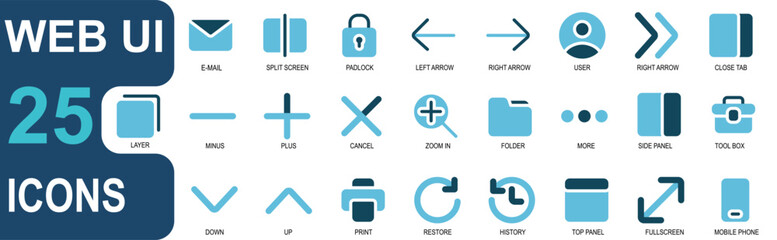 web ui icon set.duo tone style. contains down arrow, up arrow, print, history, restore, top panel, maximize, full screen, cellphone. for web and ui graphics,vector collection.