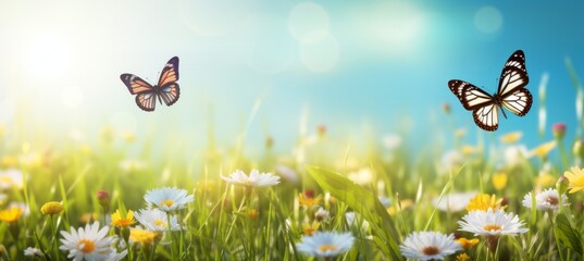 Poster - Colorful meadow with blooming flowers and graceful butterflies in a vibrant natural landscape.