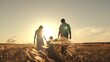 © SUPER FOX - Silhouette of mother with father holding hands of funny daughter jumping over grass. Wife and husband walk looking at daughter strolling and jumping. Mother with father walking at sunset on field