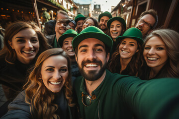 Happy people in St Patrick's Day outfits with beer taking selfie in city. St Patrick day. green beer and coins. Glasses of lager beer, a hat and coins with shamrock. 