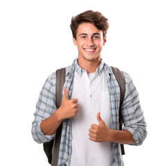 University fresh male student posing with a smile and doing approved sign with hands. Posing on white transparent background