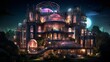An opulent circular mansion, with its balconies and archways glowing in intricate neon light designs