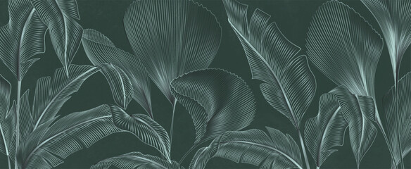 Wall Mural - abstract art background with tropical palm leaves in white art line style. hand drawn botanical bann