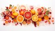 © Fahad - A fiery red and orange burst encircles a gilded frame, capturing a delicious spread of tropical fruits, isolated on a spotless white background.