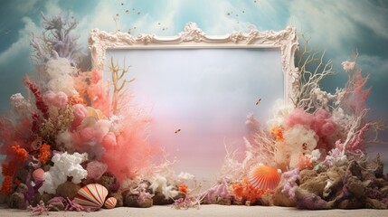 Wall Mural - A vivid coral explosion frames a golden border, highlighting an intricate seashell collection and a starfish in a tranquil underwater scene, all against a clean white canvas.