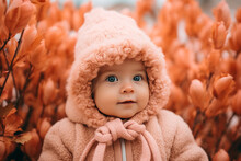 A Baby With Striking Blue Eyes Wearing A Fluffy Pink Hooded Coat Against An Orange Floral Background.