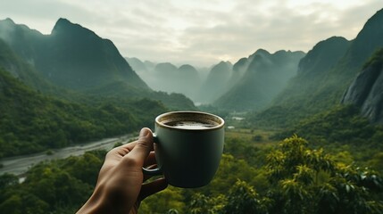 A hand extends with a cup of coffee, overlooking a lush valley with mist-veiled mountains, capturing the essence of a serene morning retreat...