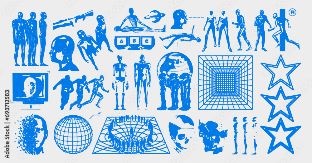 Retro futuristic graphics. Collection of grunge Y2K old graphic elements for design creation, blurred people, skeleton bones, perspective meshes. Vector set