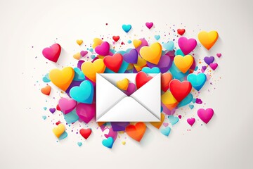 white envelope with colorful hearst for valentine day on white background