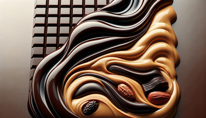 Wall Mural -  An image of a wave of glossy chocolate and peanut butter waves flowing into a grid-like dark chocolate foundation - Generative AI
