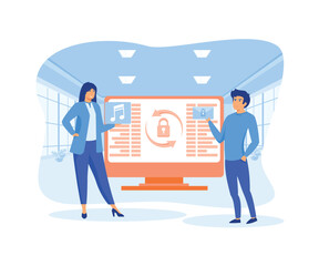 Poster - tiny people protect legal data and information, woman exchanging media files with secure envelopes. 