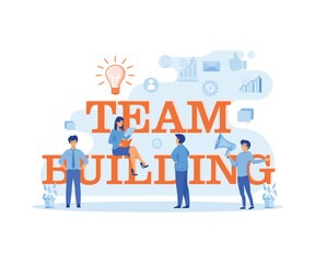 Poster - team building concept. people business with big words and people with modern blue color style. flat 