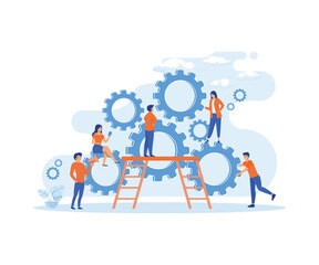 Wall Mural - Business organization men and women with teamwork mechanism circle gear vector concept illustration. flat vector modern illustration 