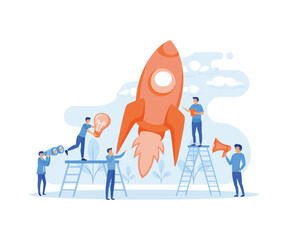 Poster - People challenge teamwork. Growth with rocket investment services. flat vector modern illustration 